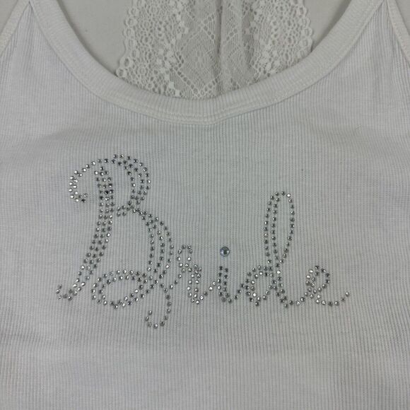 Betsey Johnson Size M White Ribbed Tank Top BRIDE Rinestones & Lace Racerback - Picture 5 of 9